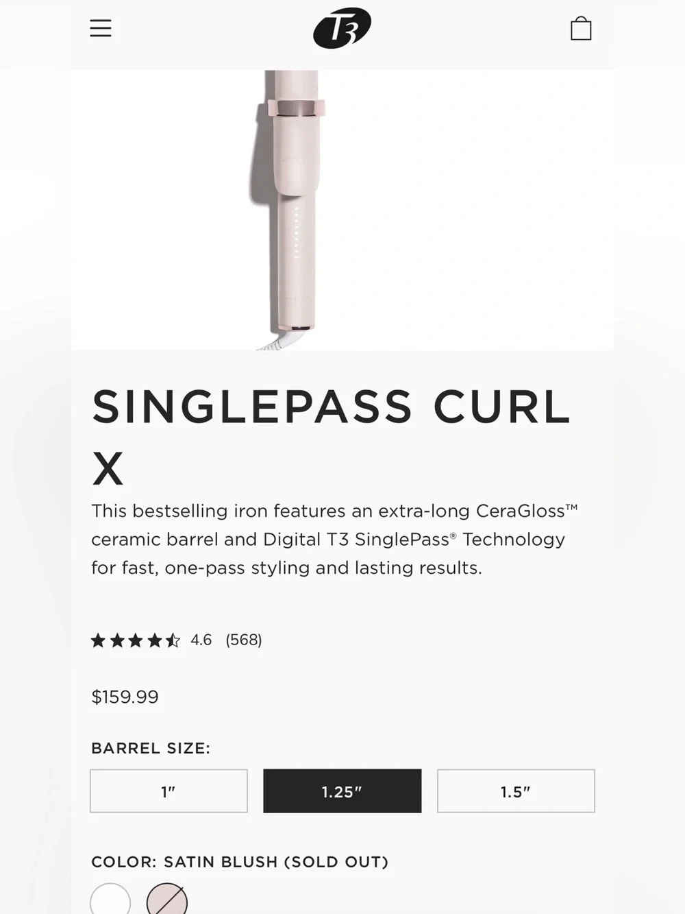 T3 SinglePass Curl X - Pink Styling Wand 1 1/4” size